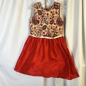 A.T.U.N Embroidered Party Dress Floral Dress Red Satin Bottom, Floral Top 5-6Y